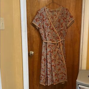 Elegant Paisley Wrap Dress - Orange and Cream